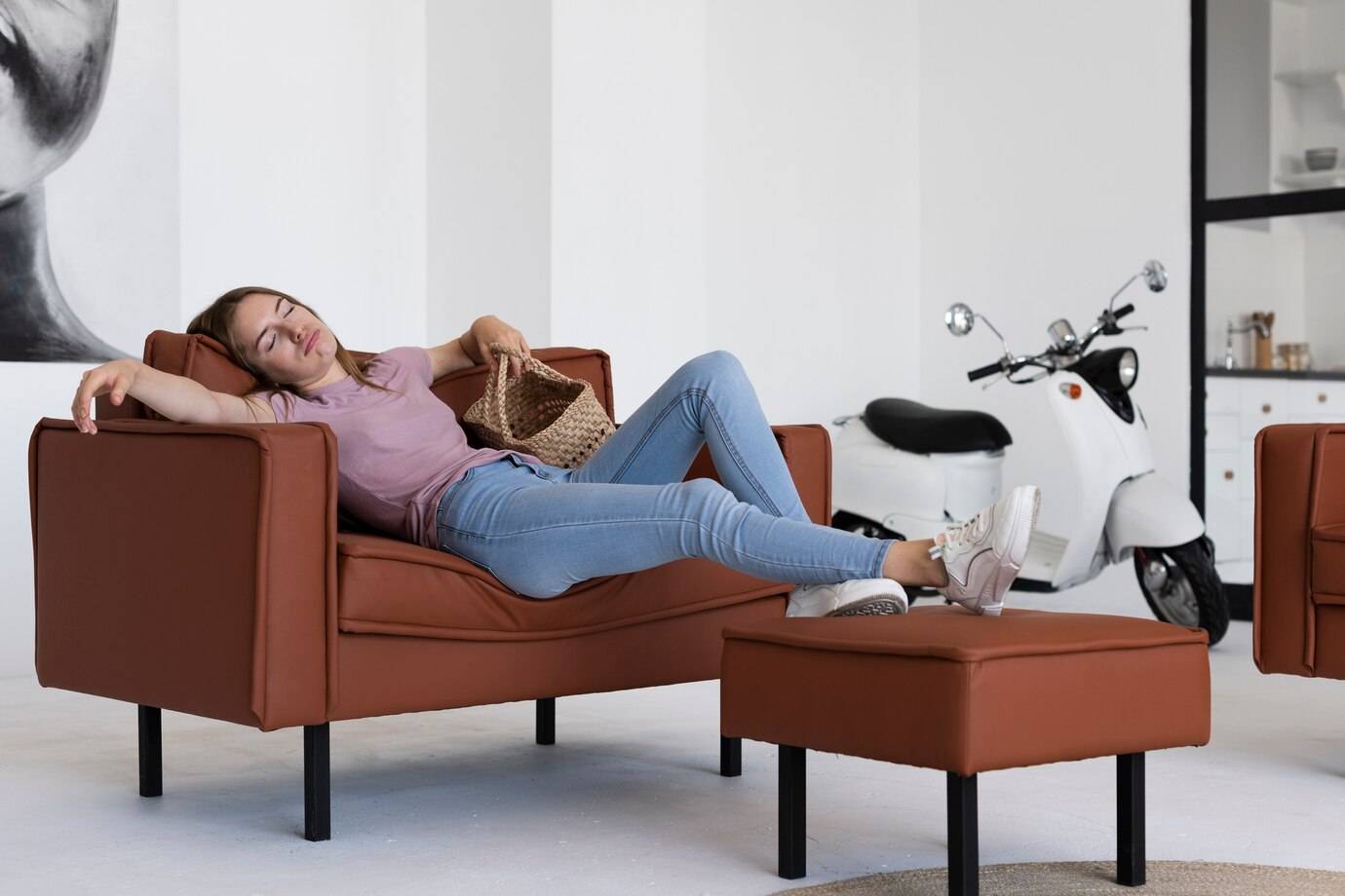 woman taking nap couch 23 2148311747